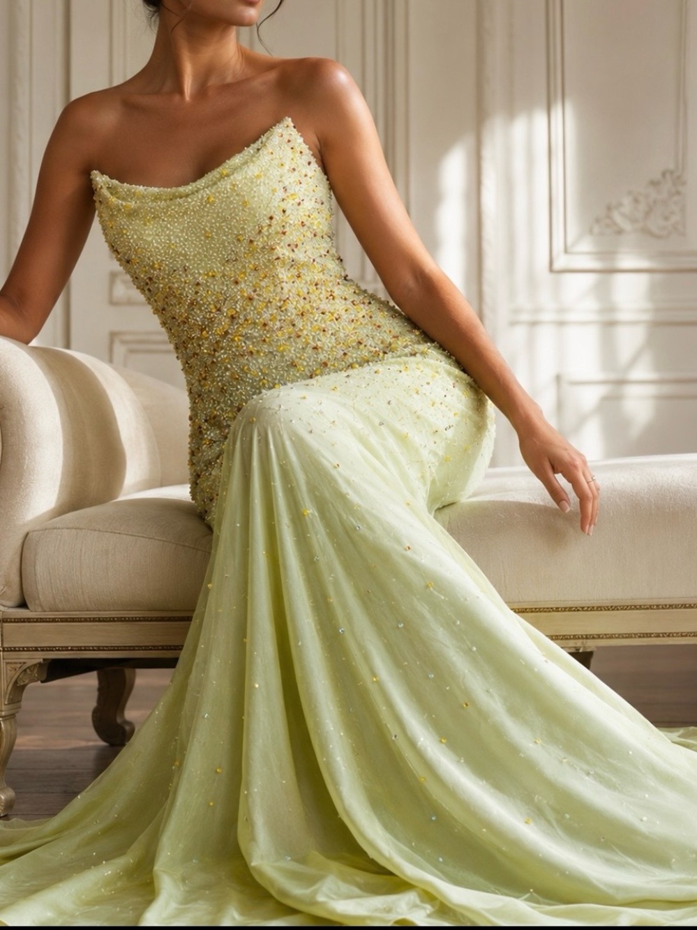 Elegant Strapless Beaded Gown in citron Pale chartreuse silk heavily beaded.